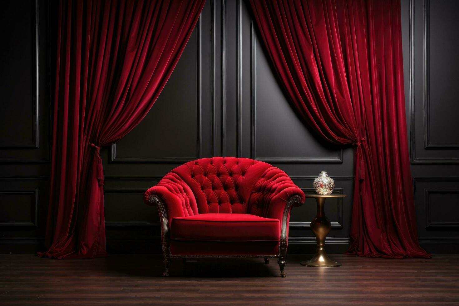 ai généré rouge velours rideaux et fauteuil dans classique intérieur. 3d rendre, magnifique luxe classique velours rouge nettoyer intérieur pièce dans classique style avec velours rouge doux fauteuil, ai généré photo