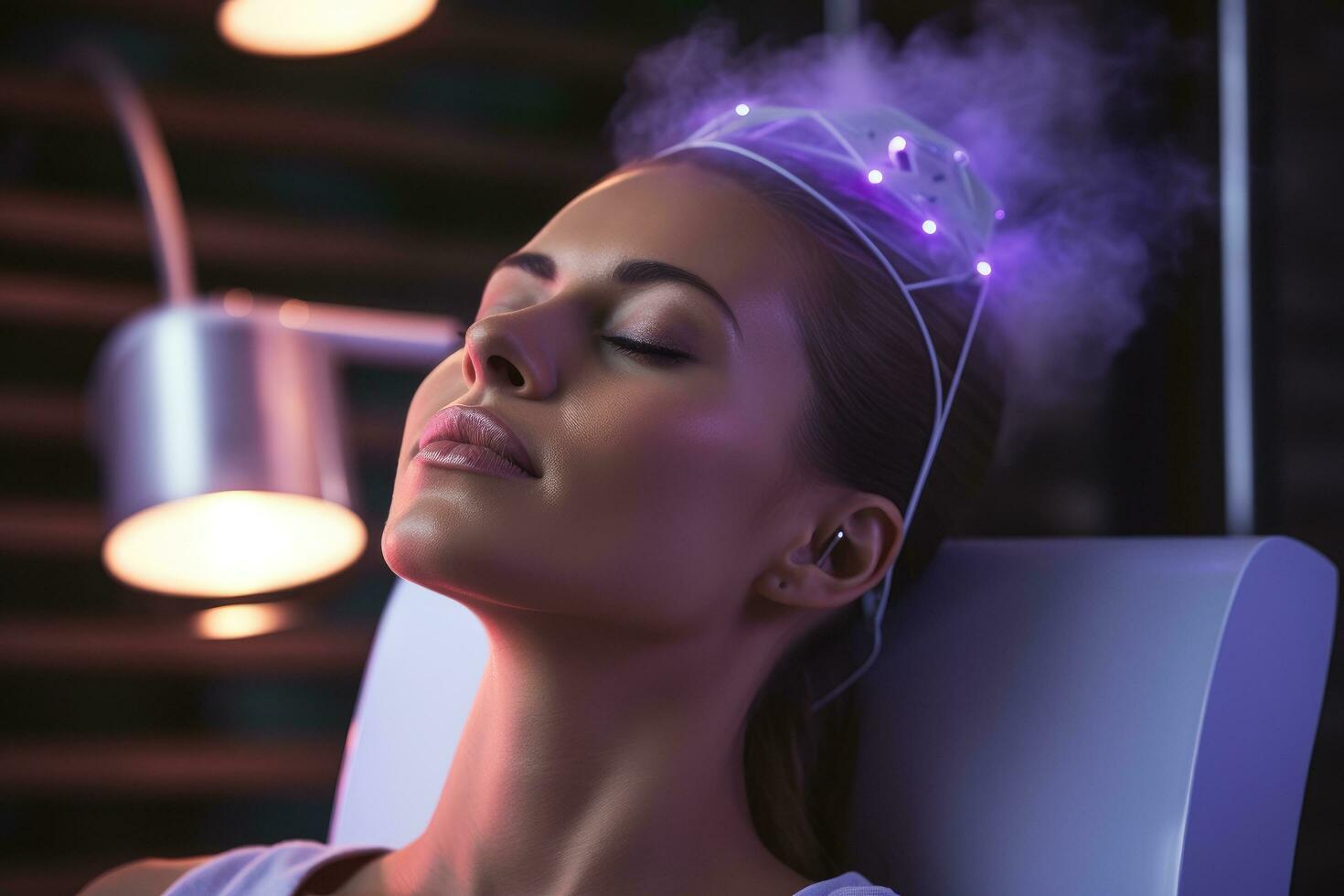 ai généré portrait de magnifique Jeune femme avec fermé yeux dans spa salon, beauté traitement avec ozone faciale bateau à vapeur, ai généré photo