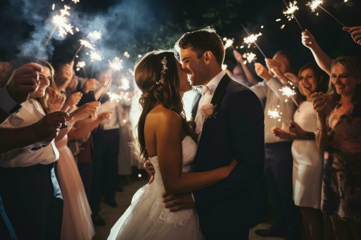 ai généré la mariée et jeune marié dansant avec cierges magiques sur leur mariage journée dans le parc, magnifique la mariée et jeune marié célébrer mariage à un soir accueil faire la fête, ai généré photo