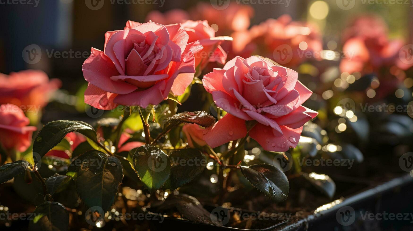 ai généré magnifique vue de rose des roses en dessous de le doux Matin Soleil. génératif ai photo