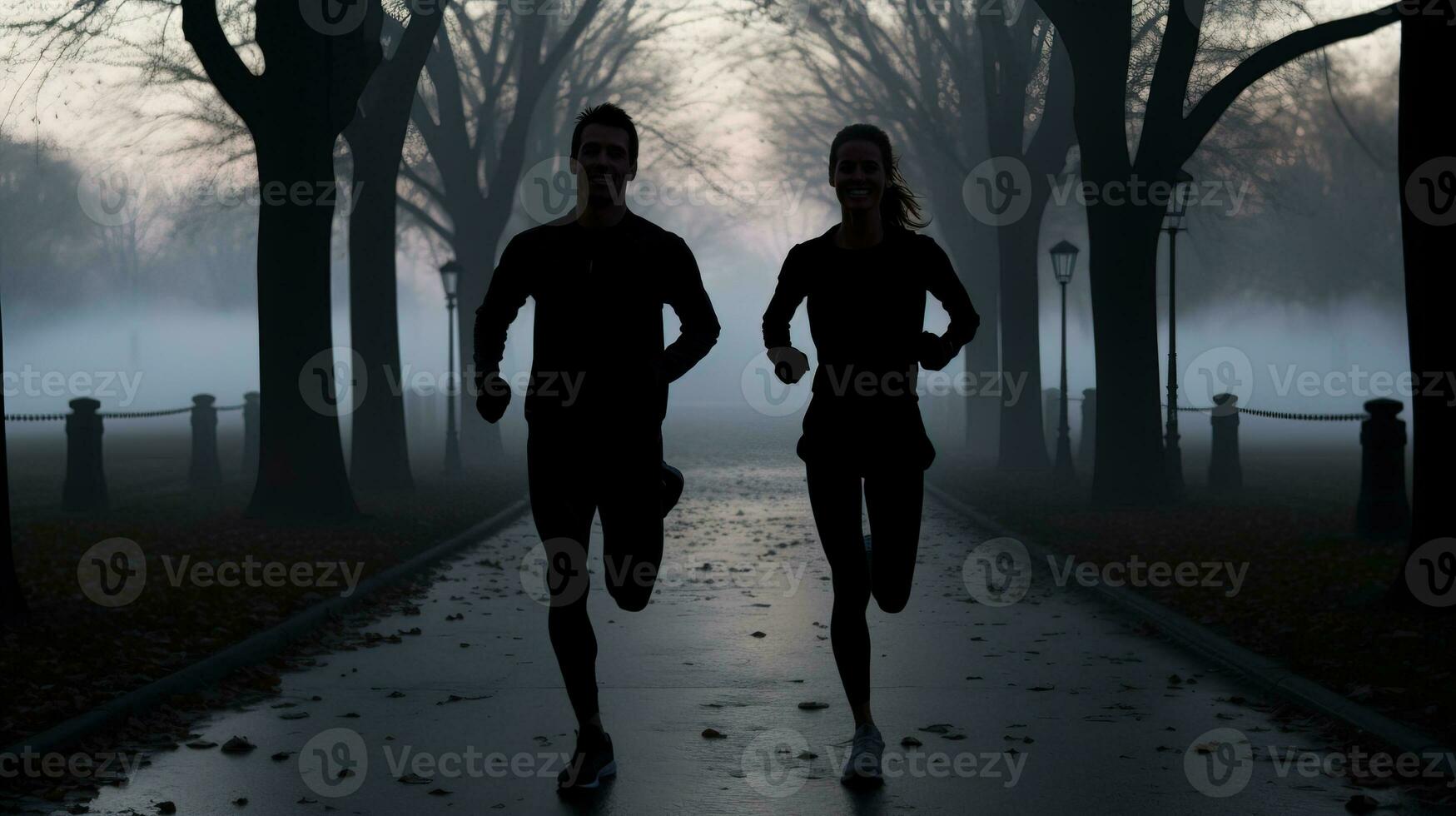 ai généré Jeune couple le jogging de bonne heure dans le Matin. génératif ai photo