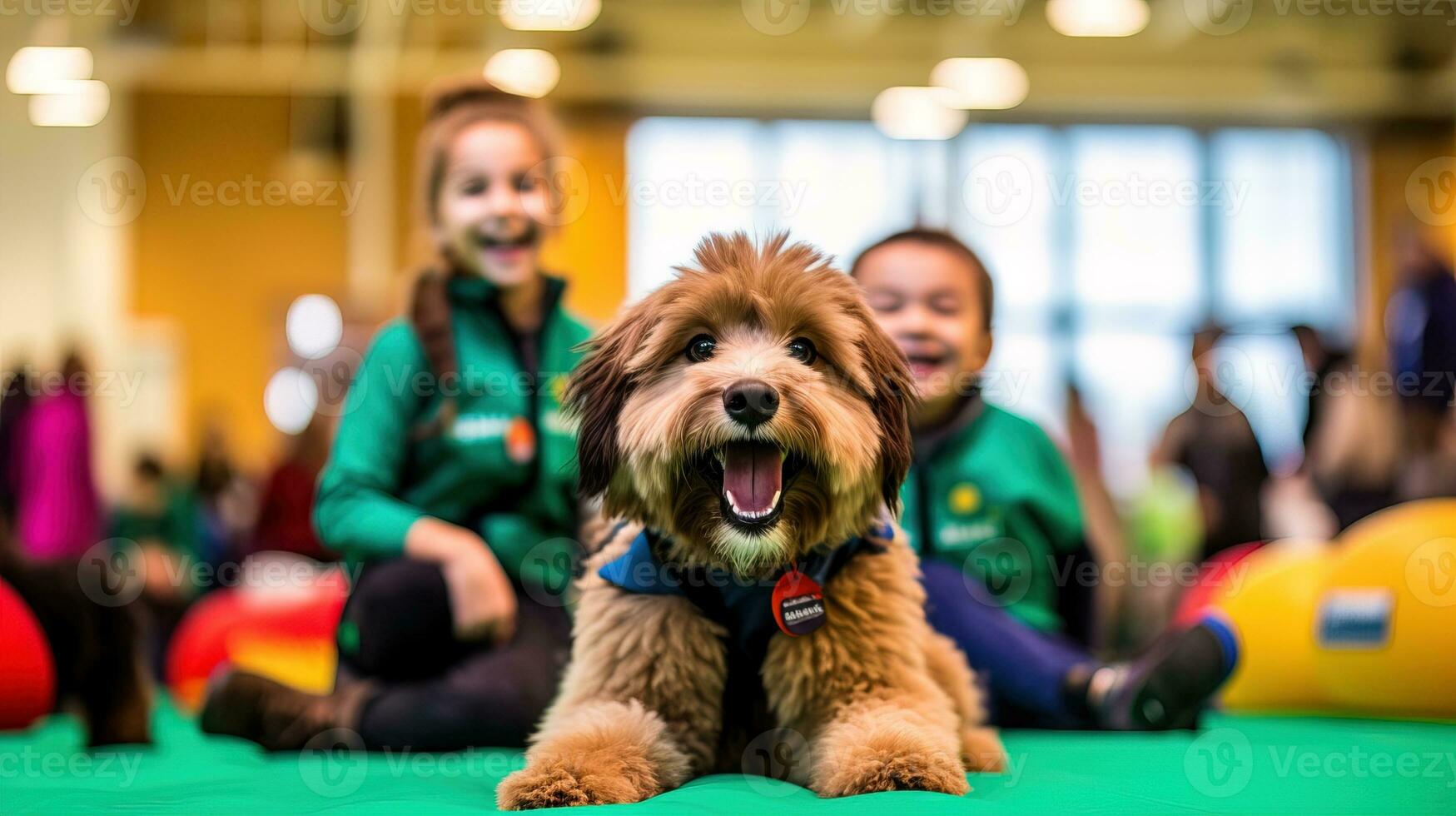 ai généré le enfant se réjouit avec une espiègle chien dans le animal de compagnie magasin. génératif ai photo