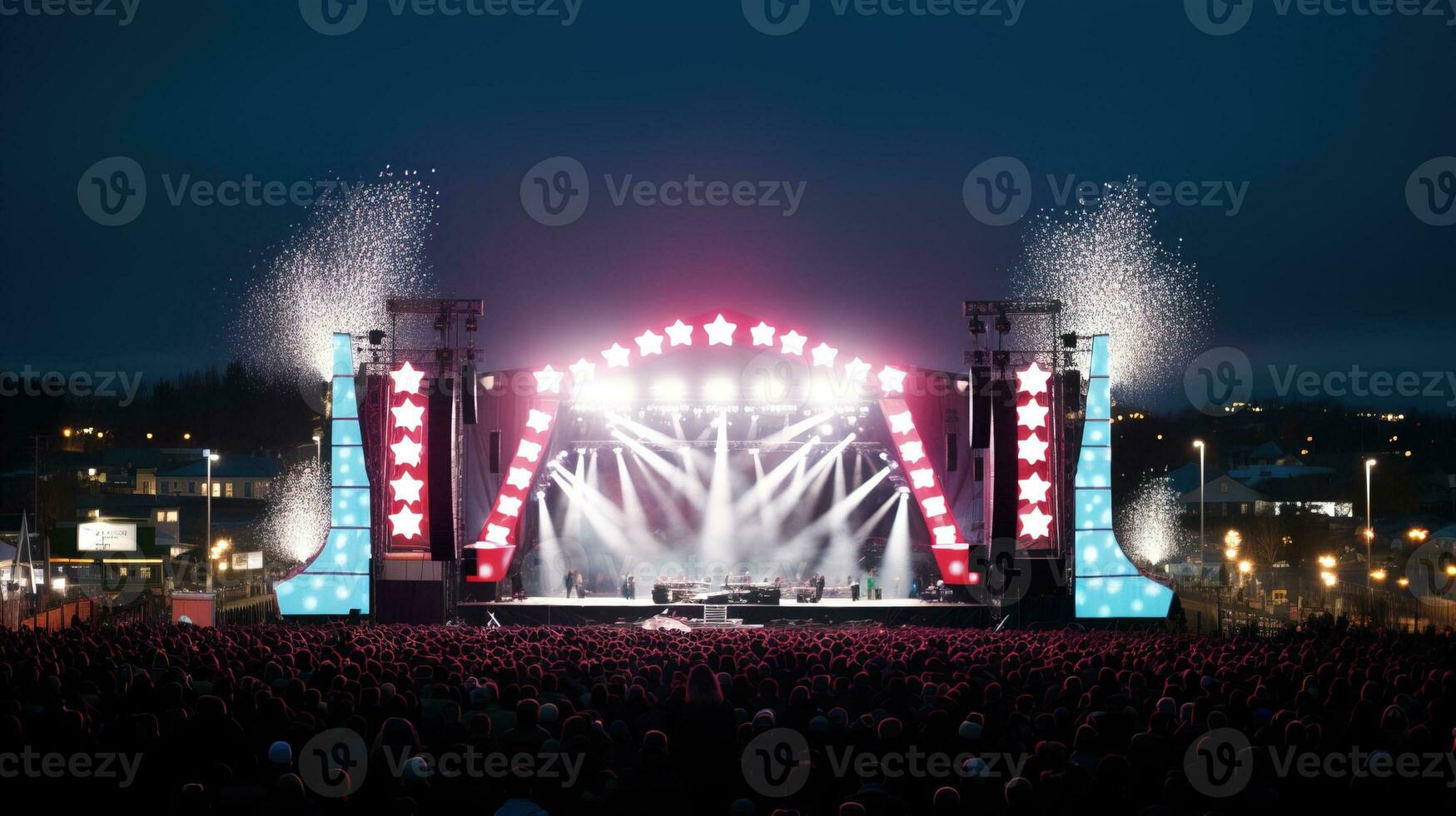 ai généré Ventilateurs prendre plaisir vivre les performances de leur préféré bandes à une animé local la musique festival. génératif ai photo