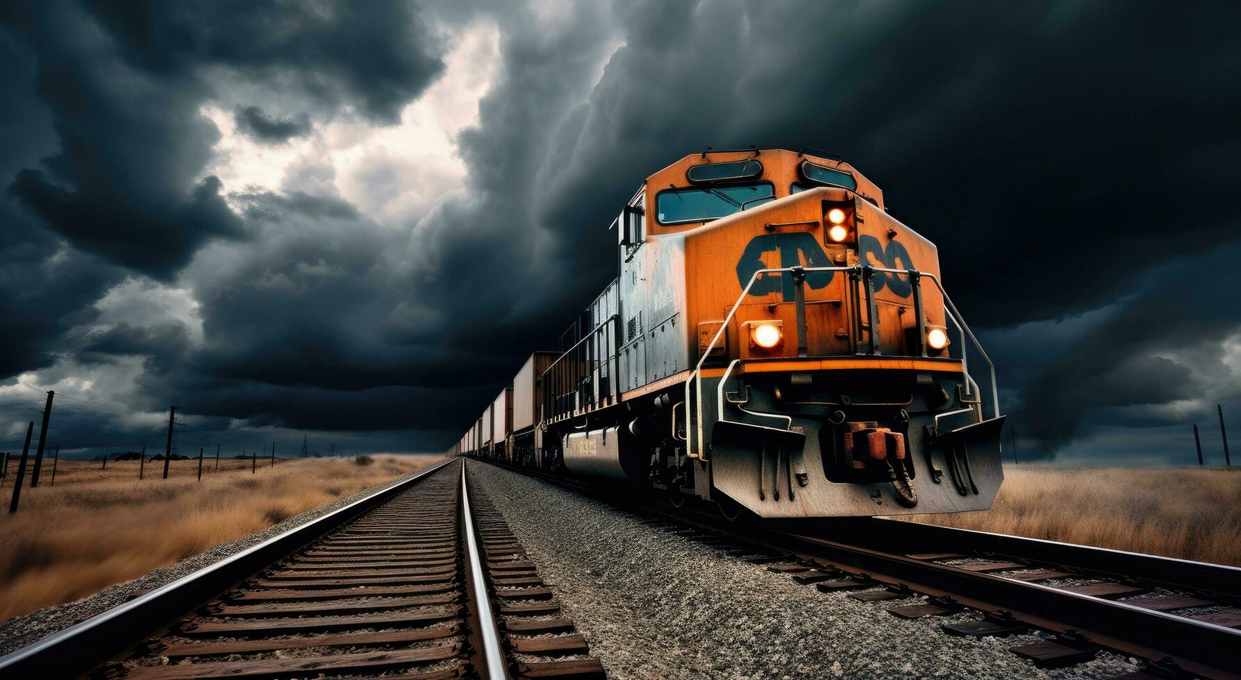 ai généré une cargaison train en voyageant vers le bas une chemin de fer Piste avec foncé des nuages derrière il photo