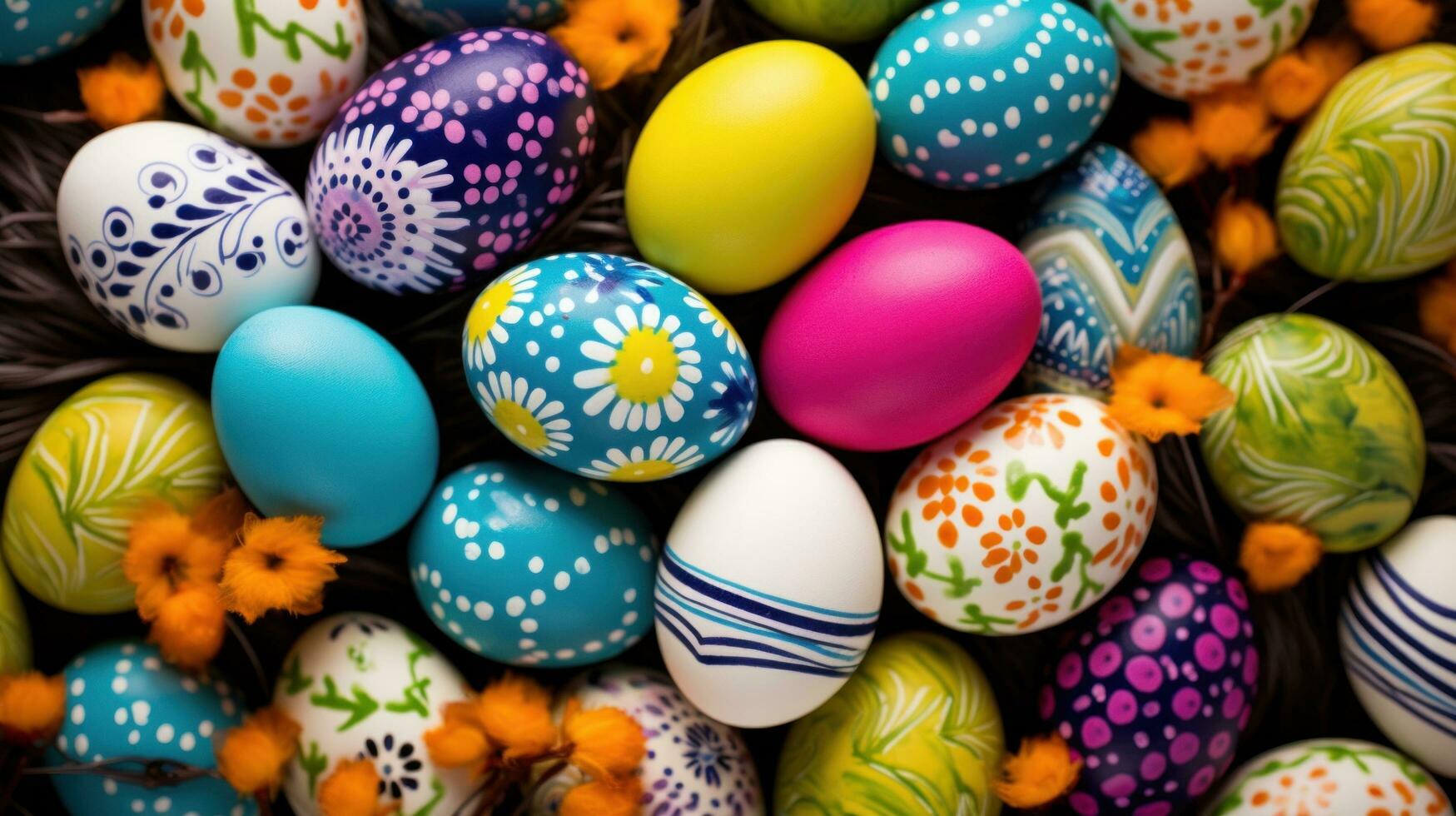 ai généré Pâques Contexte avec animé couleurs, décoré œufs, et pièce pour de fête salutations photo