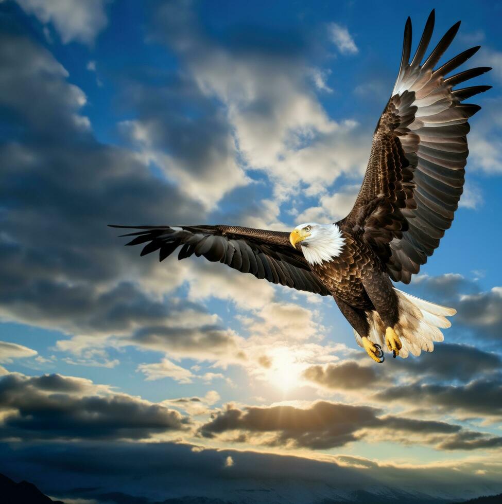 ai généré une majestueux Aigle planant par le ciel, avec ses puissant ailes élargi photo