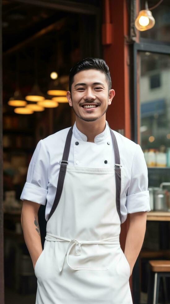 ai généré chef permanent fièrement dans de face de une restaurant, portant le sien du chef veste et une gros sourire photo