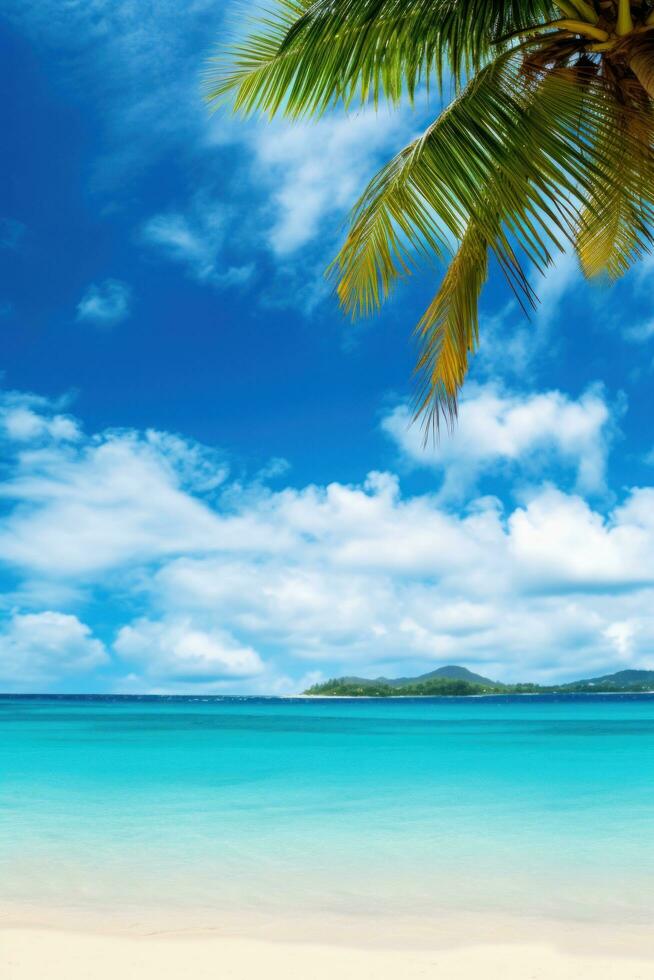 ai généré vif vacances Contexte avec turquoise des eaux, bordé de palmiers des plages, et une tentaculaire ciel, offre attrayant copie espace photo