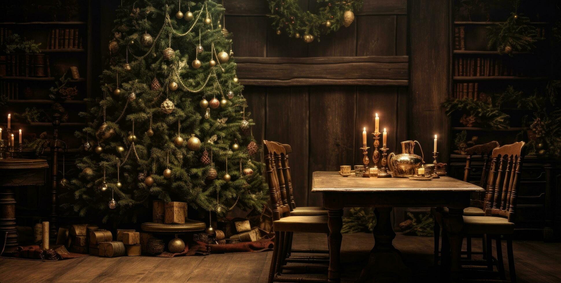 ai généré une Noël arbre sur une en bois table photo