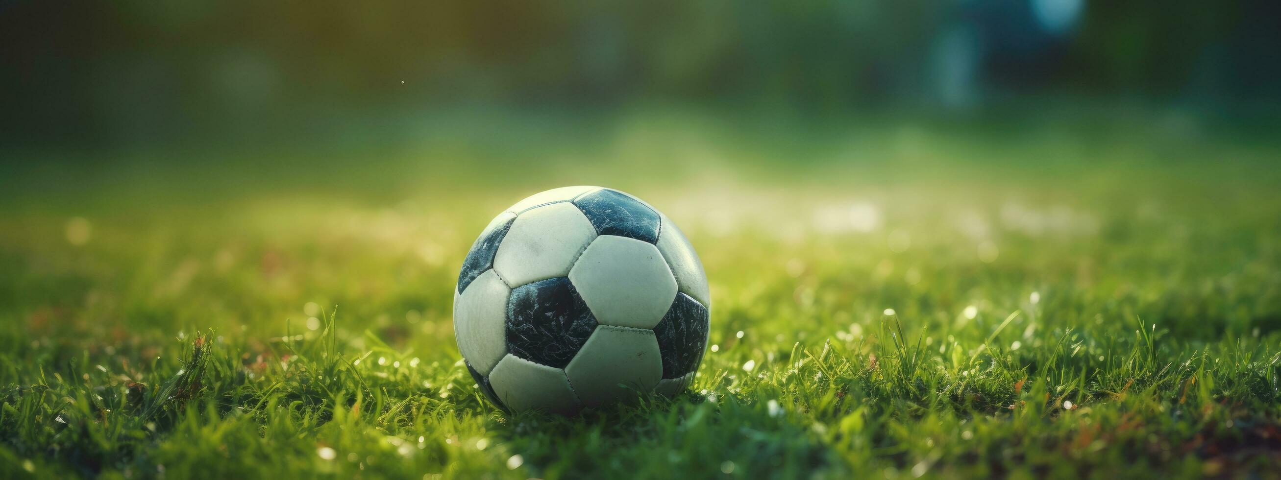 ai généré une football Balle sur le herbe dans de face de une objectif photo