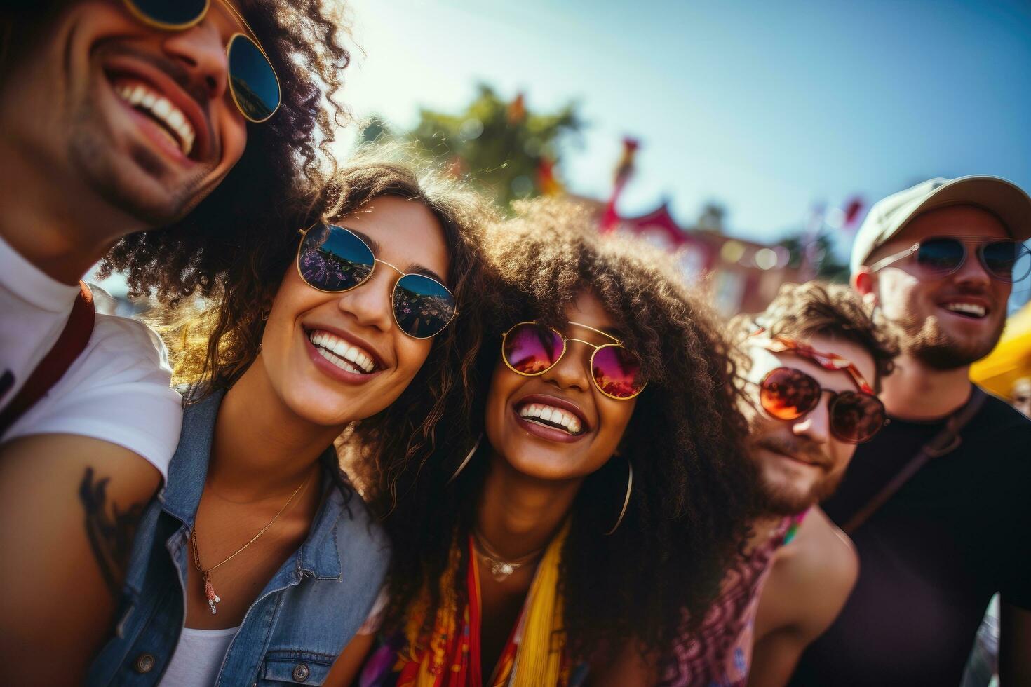 ai généré groupe de content gens à festival, en riant et ayant amusant, un image de une diverse groupe de copains à une été la musique festival, ai généré photo