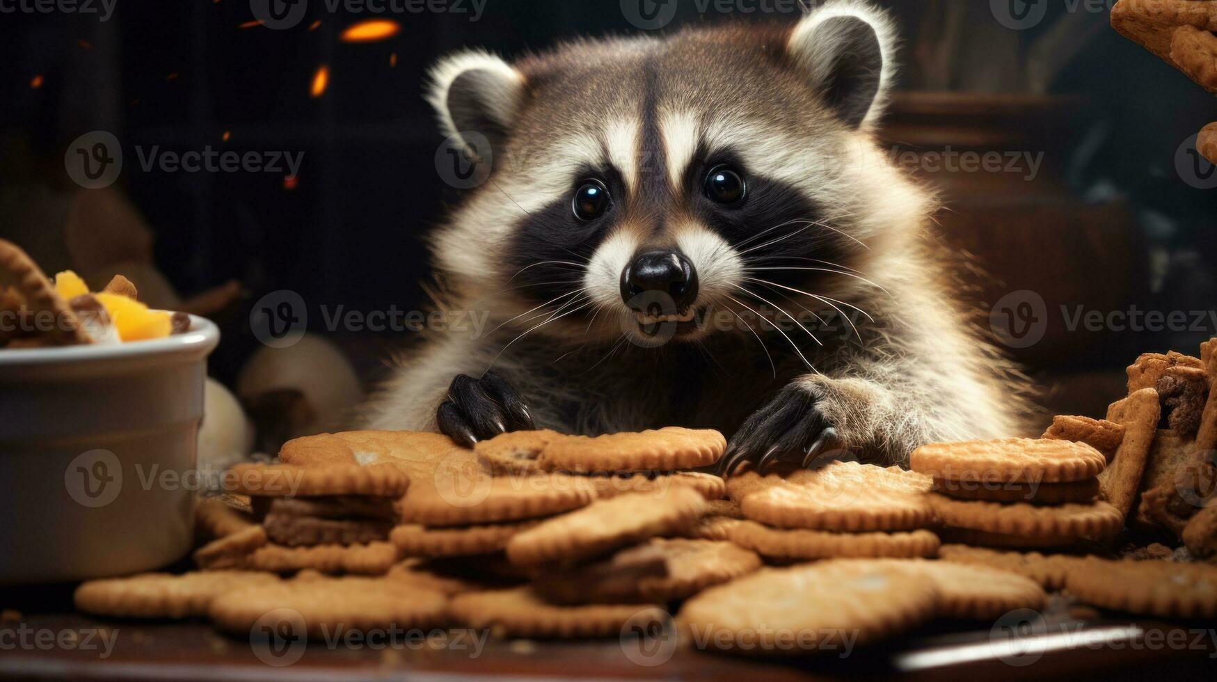 ai généré raton laveur avec ses pattes sur une pile de biscuits, à la recherche surpris et curieux. foncé Contexte. idéal pour animal de compagnie nourriture annonces, humoristique contenu, enfants livre des illustrations photo