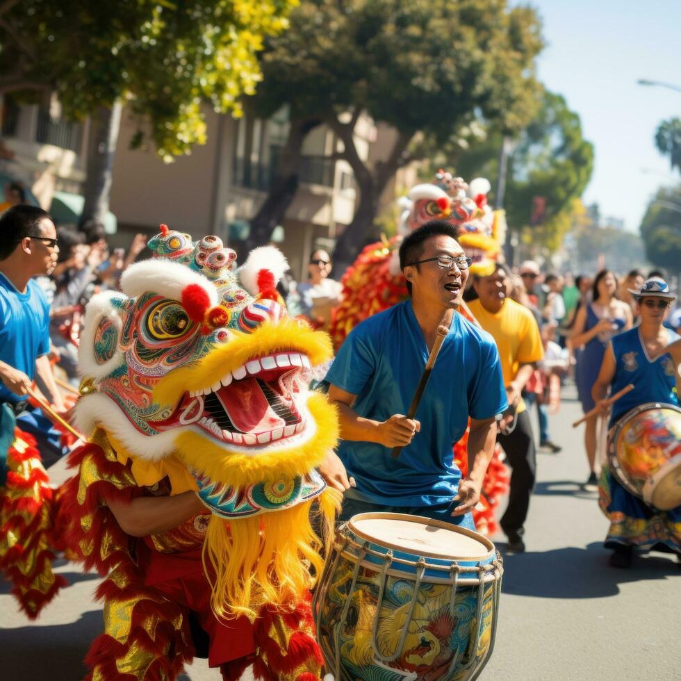 ai généré une coloré parade avec dragon danseurs, Lion danseurs photo