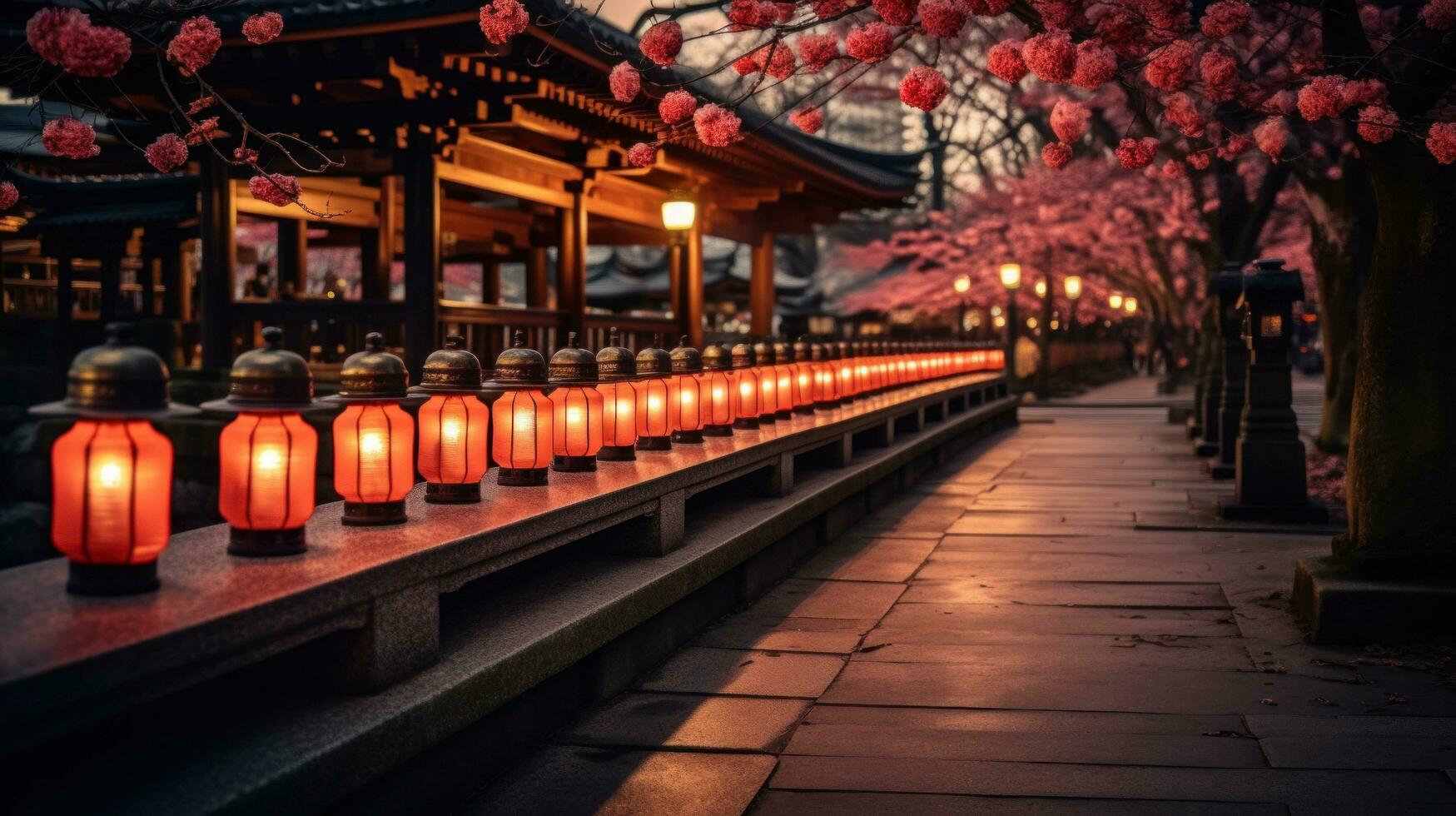 ai généré une magnifique paysage photo de une temple ou tombeau décoré avec lanternes et autre de fête décorations