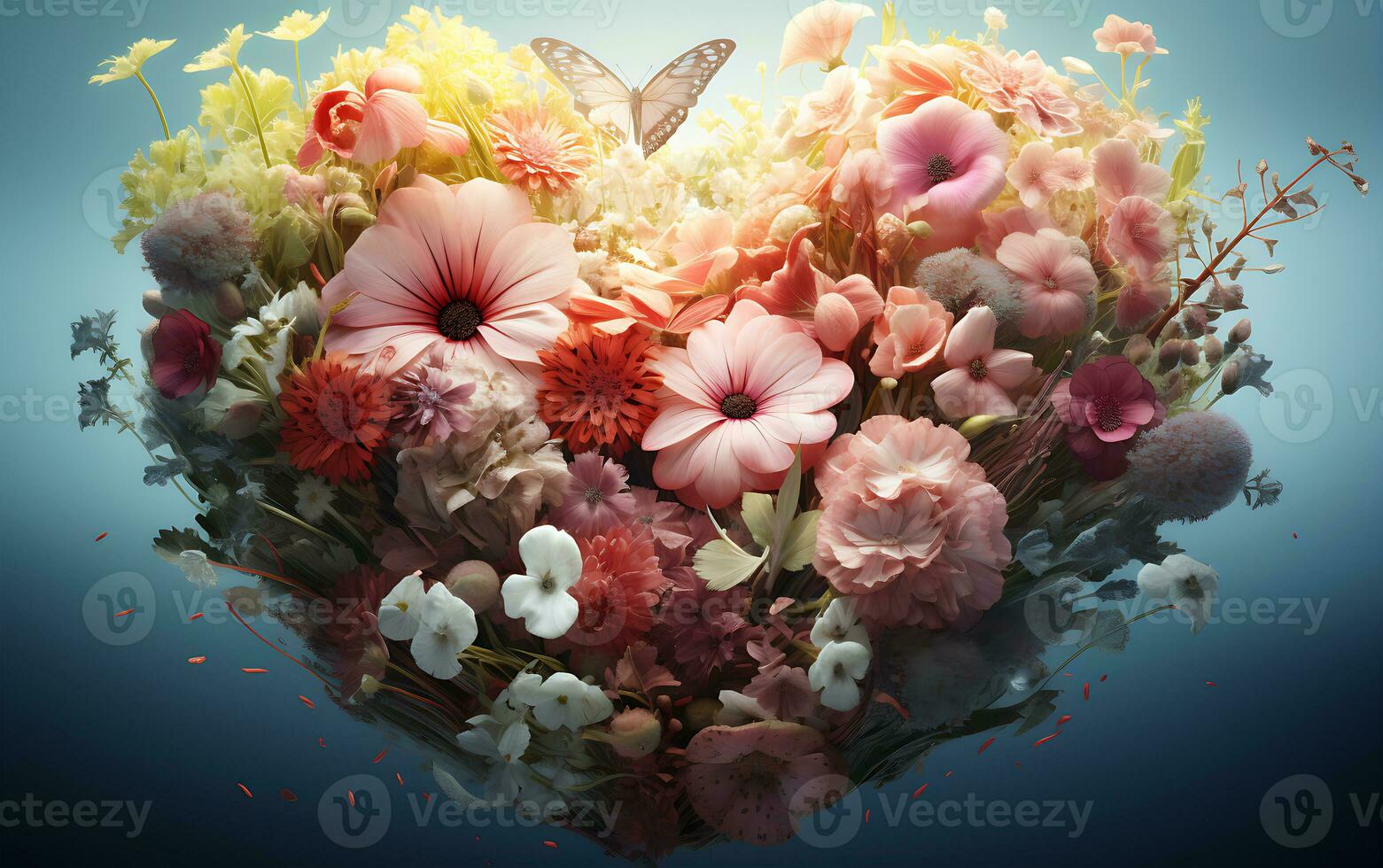 ai généré une vue de l'amour avec une pastel Contexte et cœur forme avec fleurs photo