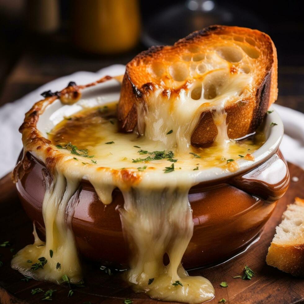 ai généré une rustique français oignon soupe avec gluant fondu fromage sur Haut et une épais tranche de pain pour plongement photo