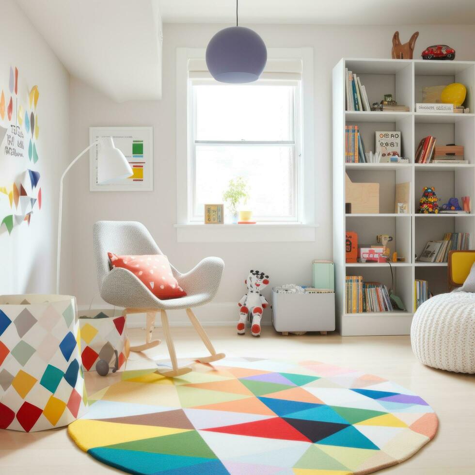 ai généré enfants pièce avec une coloré tapis, étagère à livres avec coloré espace de rangement bacs, une chaise et une sol lampe. photo