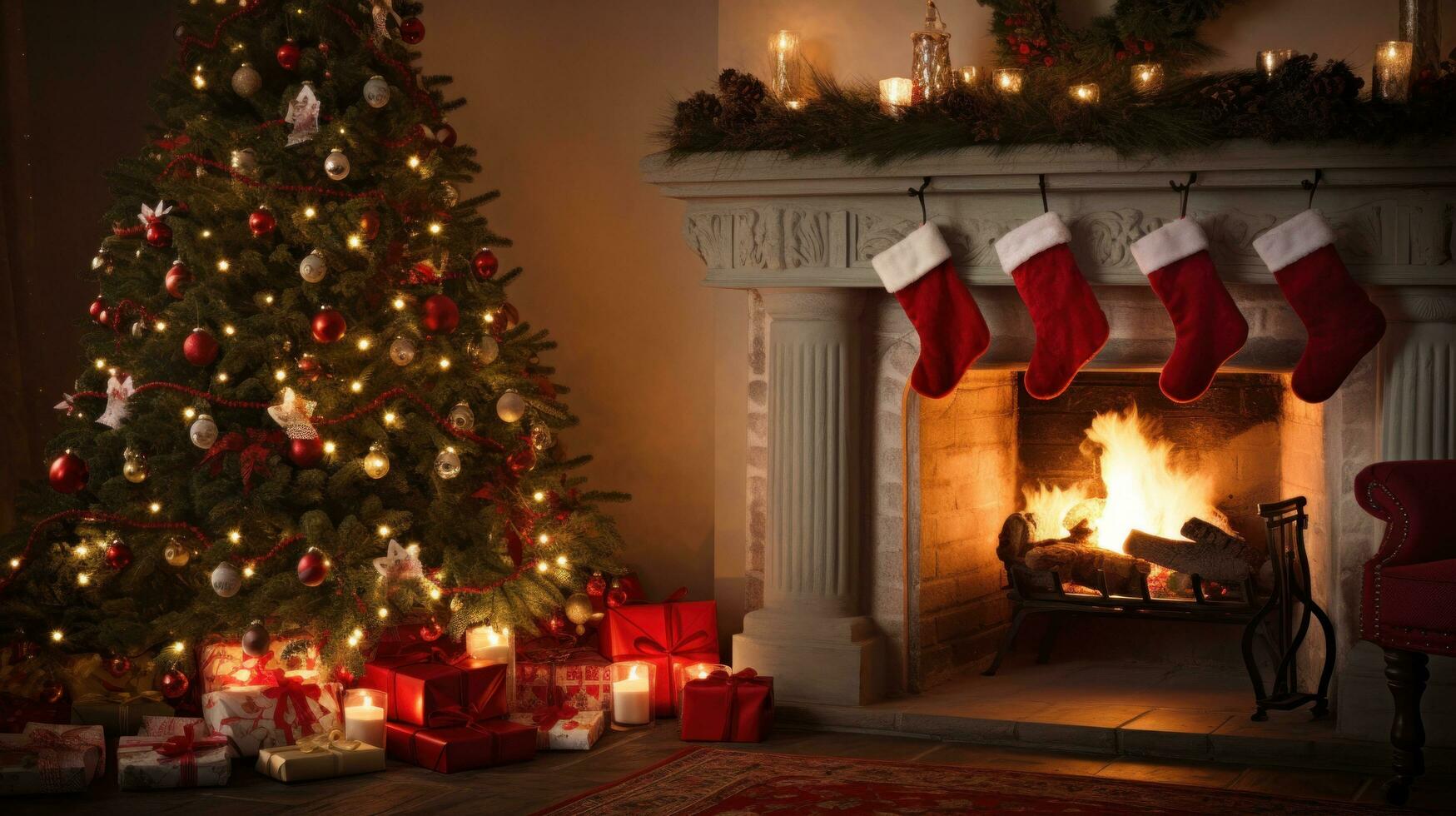 ai généré une chaud et confortable Noël scène avec une cheminée, décoré avec guirlandes et bas photo