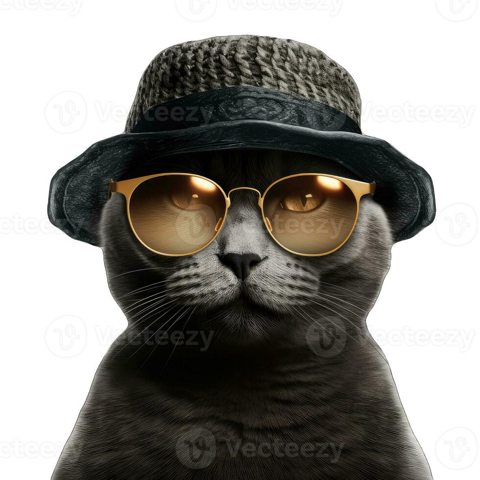 ai généré marrant noir chat avec des lunettes de soleil et casquette isolé sur blanc Contexte. photo