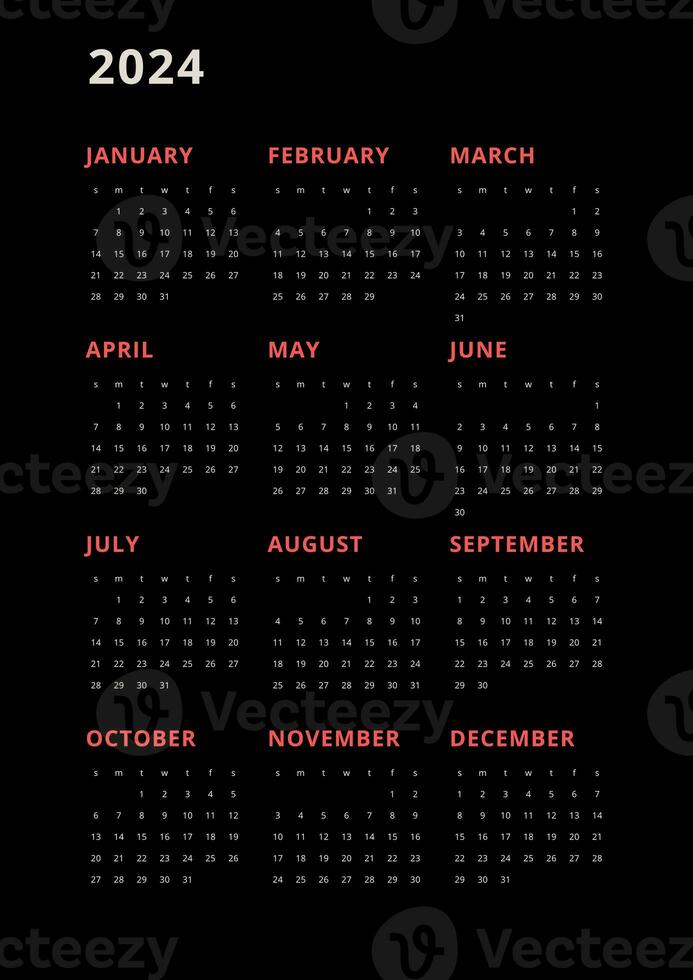 noir verticale calendrier pour 2024. moderne minimaliste 2024 calendrier photo