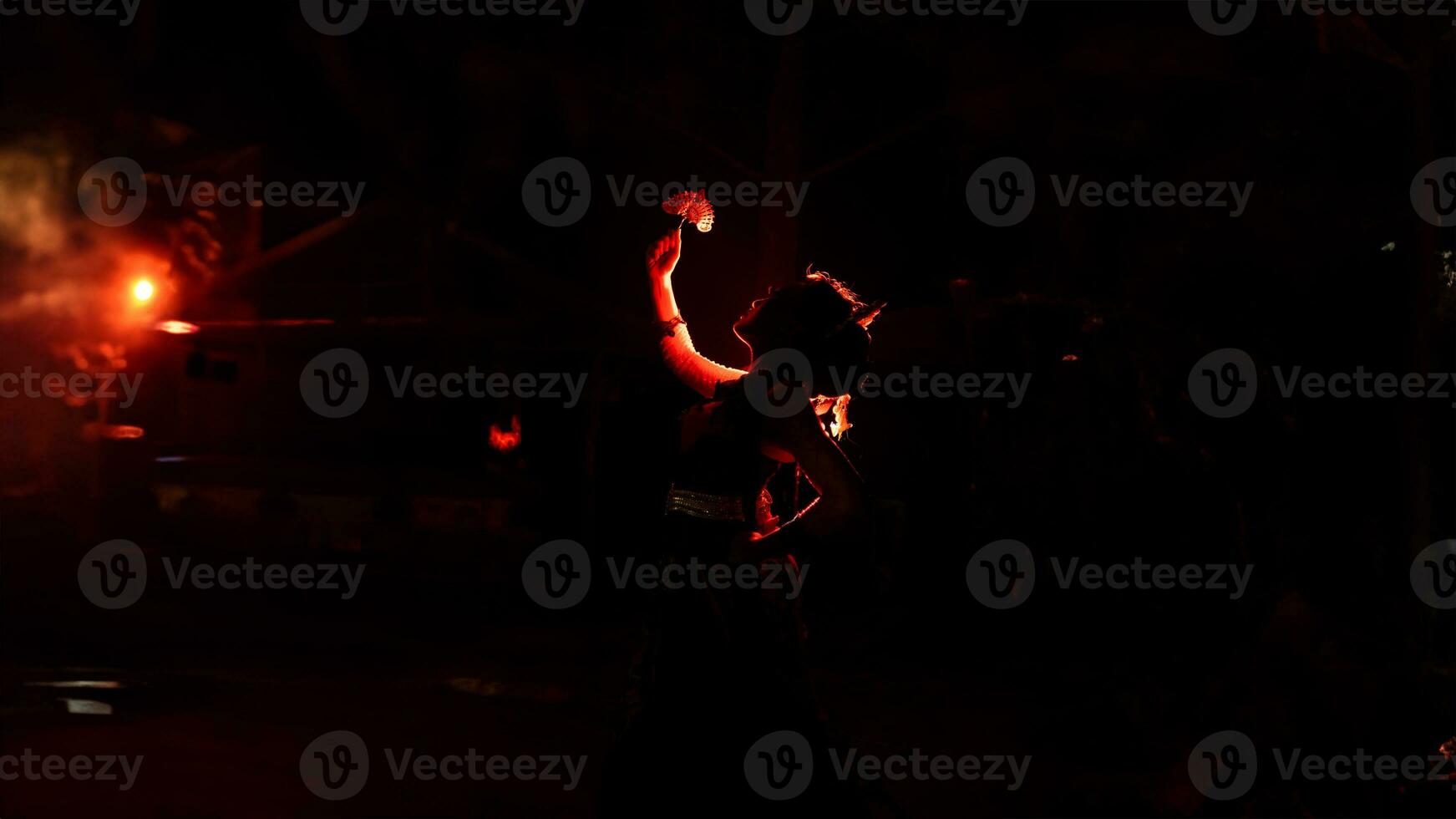 le silhouette de une femelle Danseur en portant bijoux brille vivement autour le flammes et regards audacieux dans le foncé photo