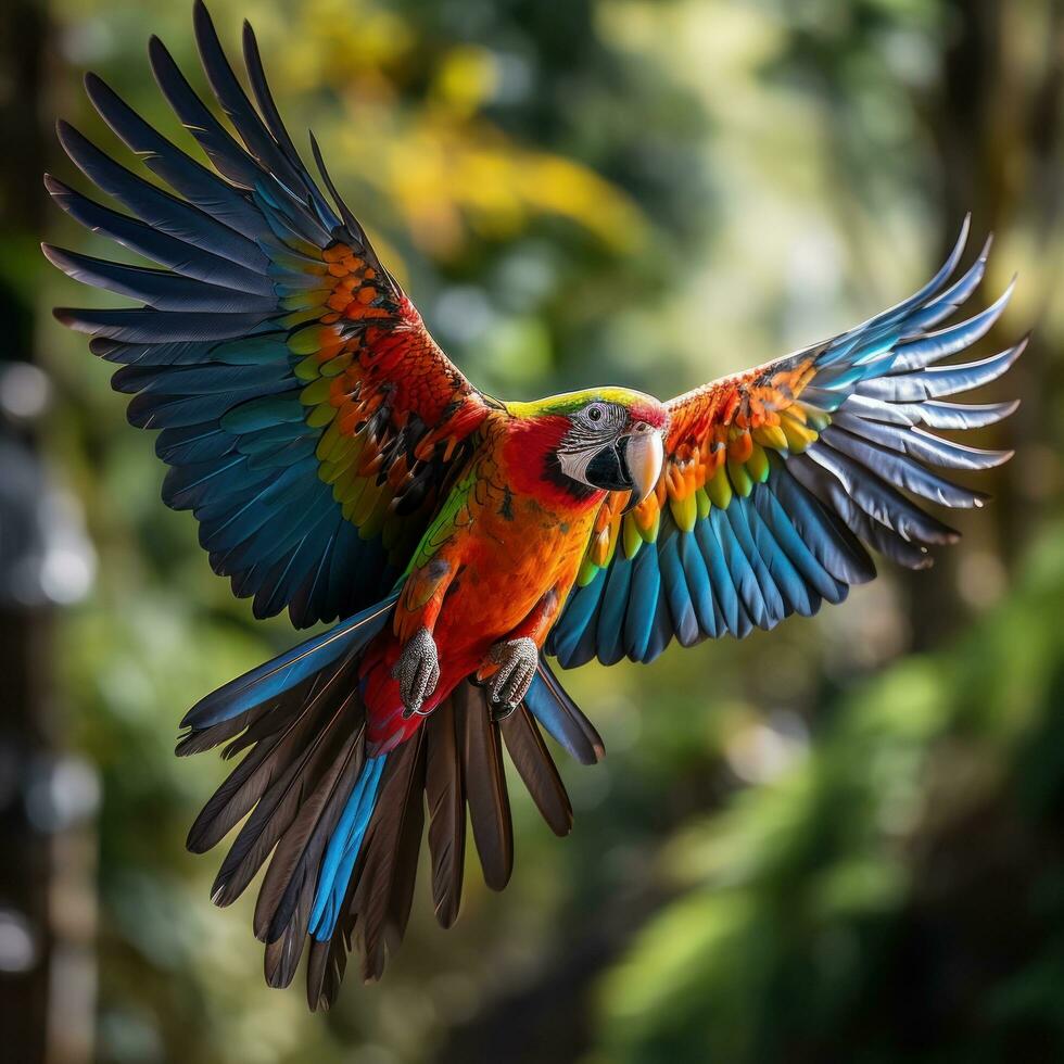 ai généré une coloré perroquet dans en plein vol, avec ses ailes propager large et ses plumes une arc en ciel de couleurs photo