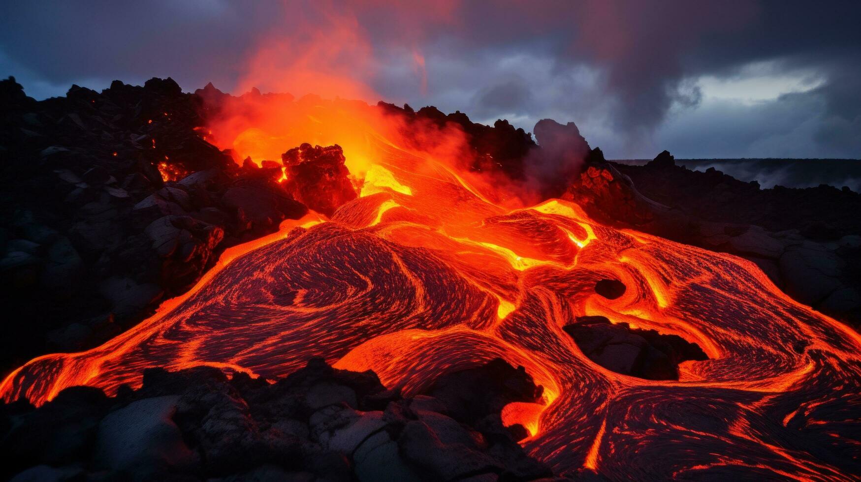 ai généré chaleur et énergie de une le volcan lave capture le fondu Roche comme il cascades vers le bas le flanc de montagne photo
