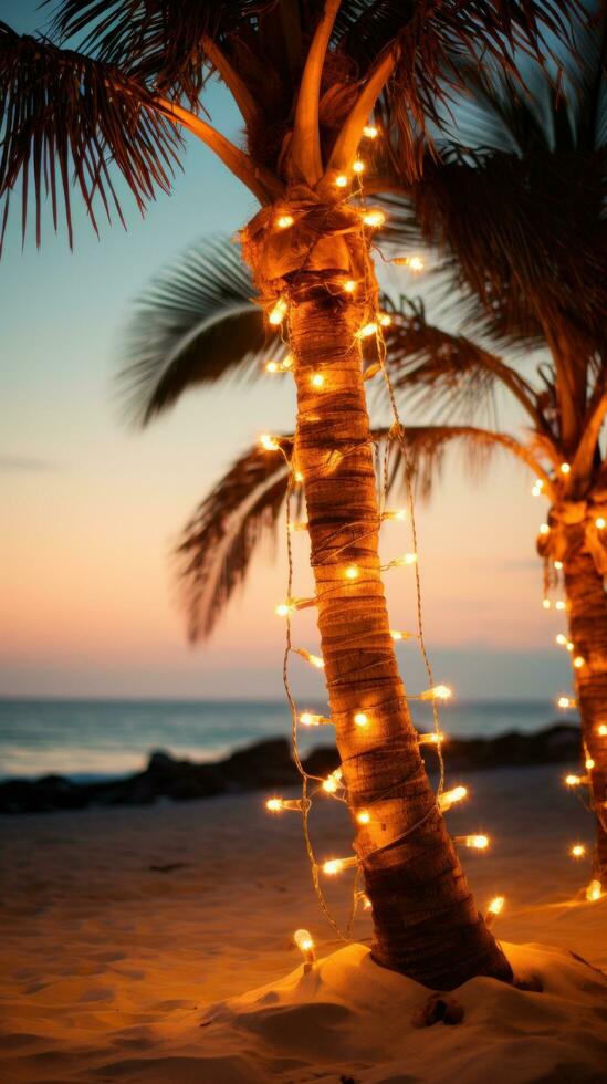 ai généré une paume arbre sur une plage, entouré par une chaîne de lumière ampoule guirlandes photo