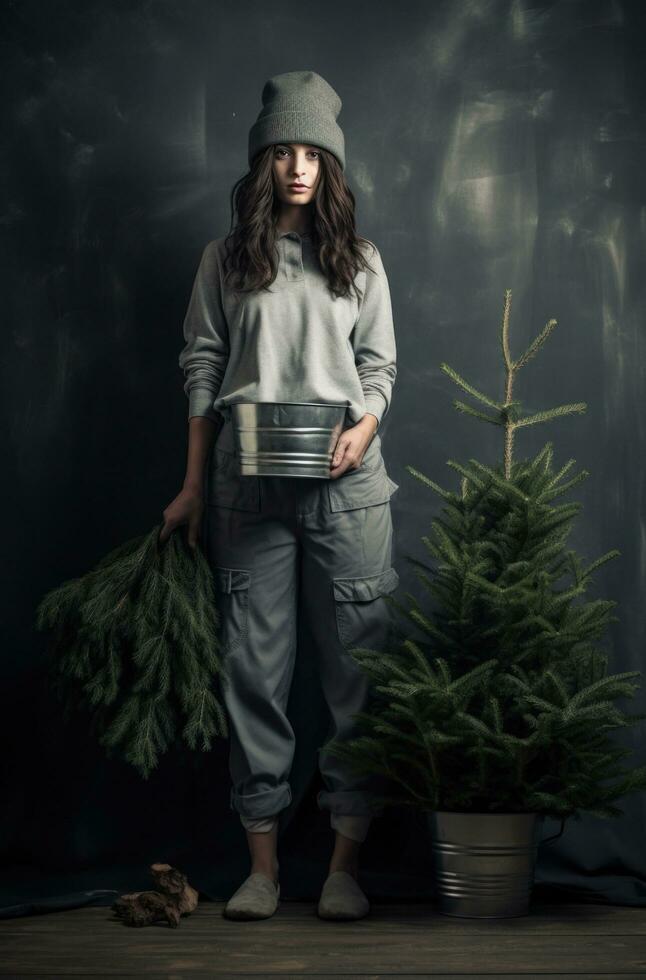 ai généré une femme est en portant une pot avec une Noël arbre photo