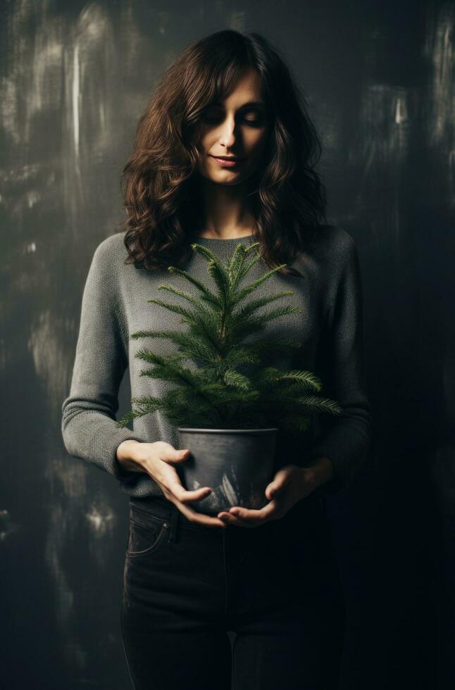 ai généré une femme est en portant une pot avec une Noël arbre photo