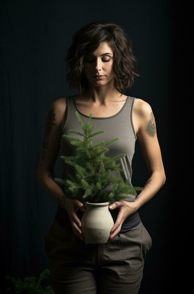 ai généré une femme en portant une Noël arbre et réservoir Haut photo