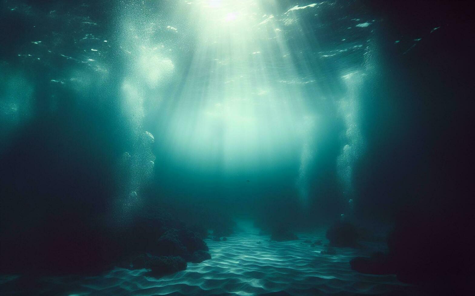 ai généré sous-marin le sable sol lumière brille sous-marin clair l'eau vide fond marin le le sable surface est dans le forme de vagues en dessous de le mer photo