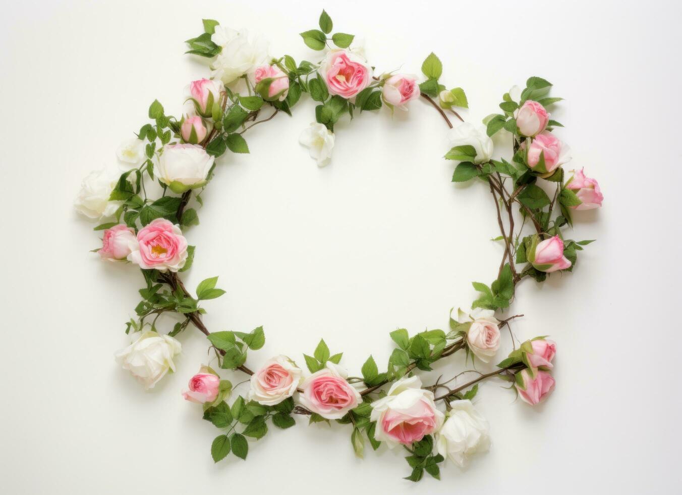 ai généré une floral couronne avec rose des roses et vert feuilles sur blanc Contexte photo