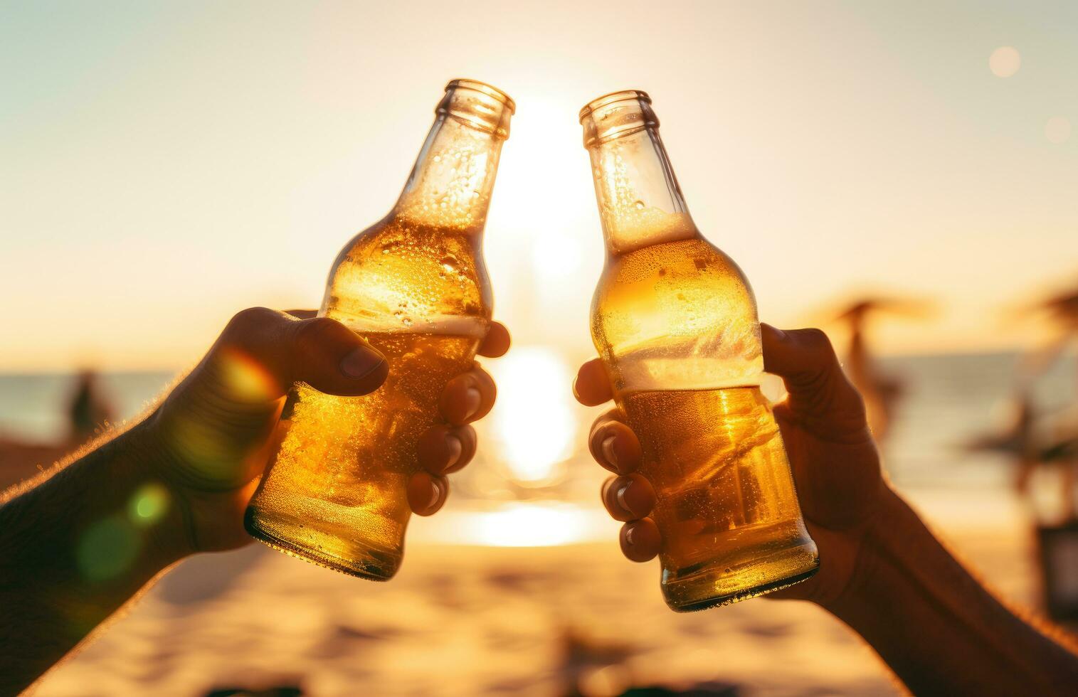 ai généré copains grillage un un autre avec Bière bouteilles photo