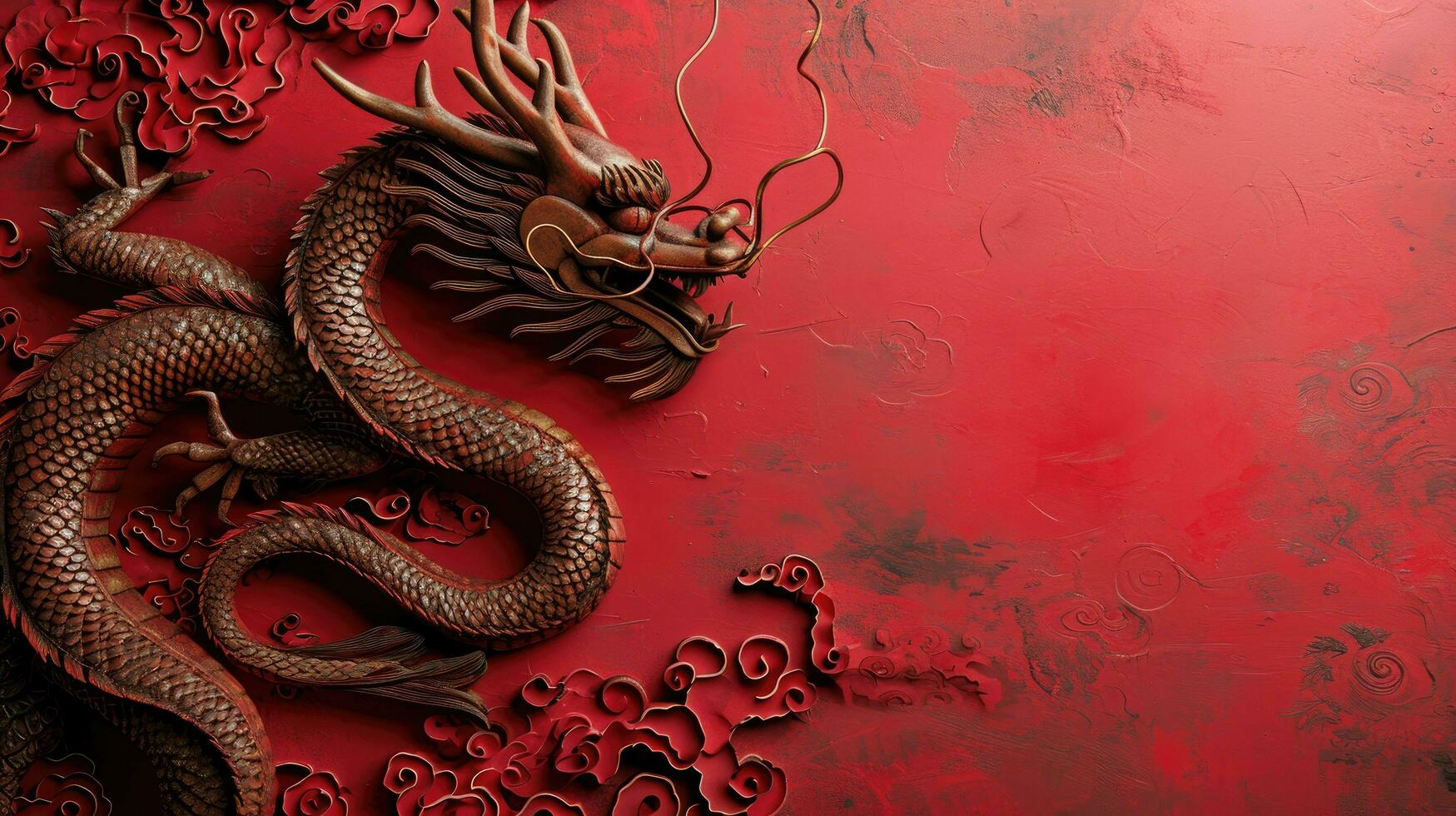 ai généré chinois dragon avec tourbillonne sur rouge arrière-plan, rouge et or photo