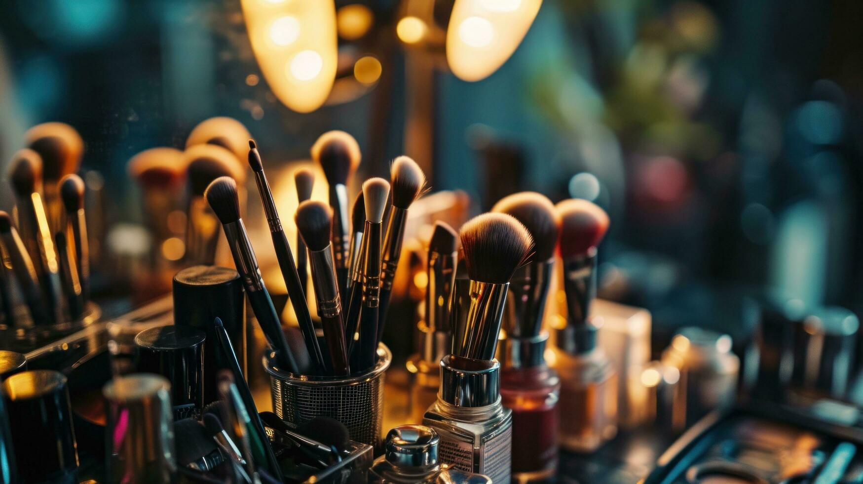 ai généré beaucoup maquillage brosse et produits de beauté arrangé dans une rangée photo