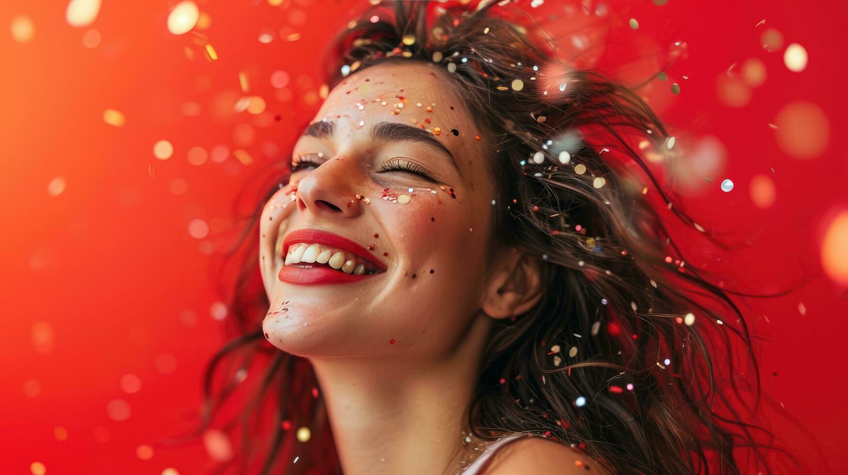 ai généré attrayant Jeune femme souriant avec confettis dans sa cheveux contre rouge Contexte photo