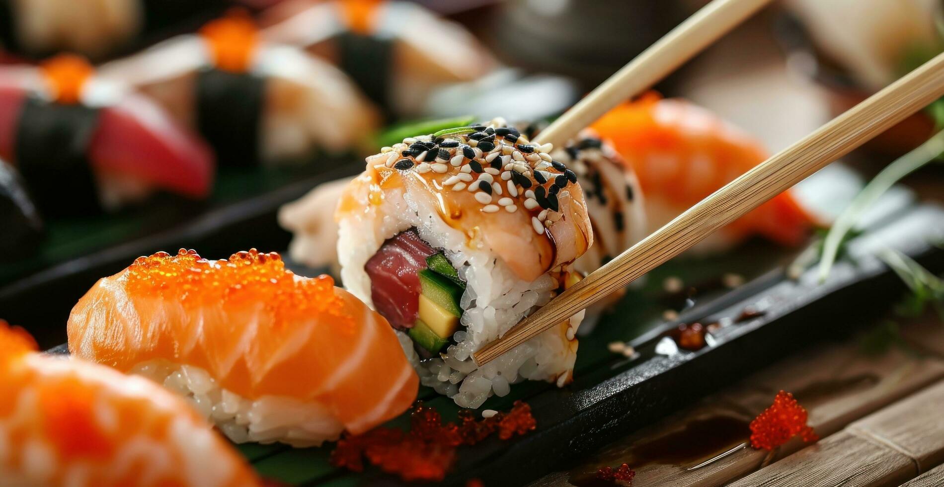 ai généré Sushi et Tofu sur une argent assiette photo