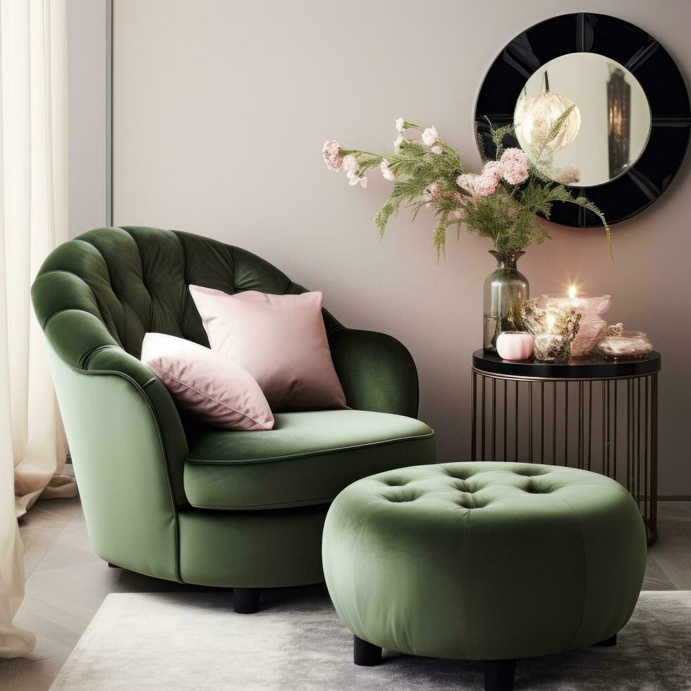 ai généré vert velours fauteuil avec une rose oreiller et ottoman, photo