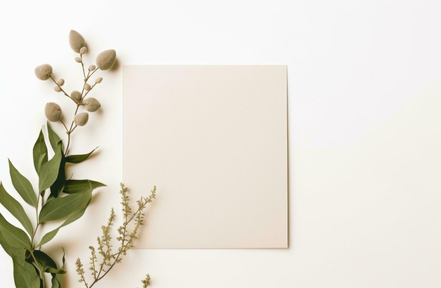 ai généré une beige Vide carte avec les plantes sur une blanc Contexte photo
