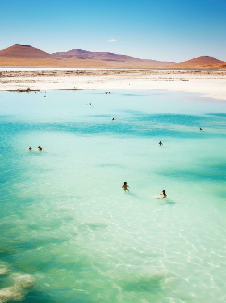 ai généré gens nager dans le clair bleu l'eau de le bosque de bolive photo
