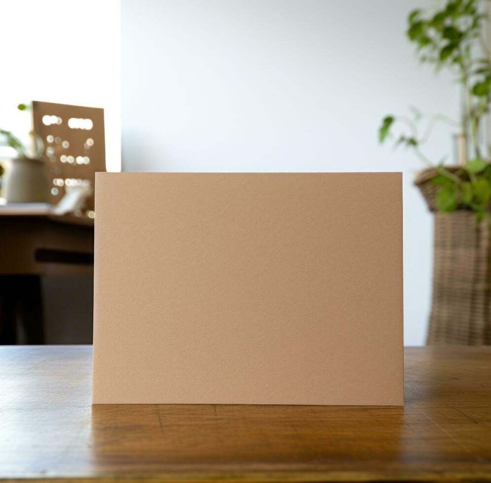 ai généré le salutation carte est sur une table dans de face de le vide papier carton photo