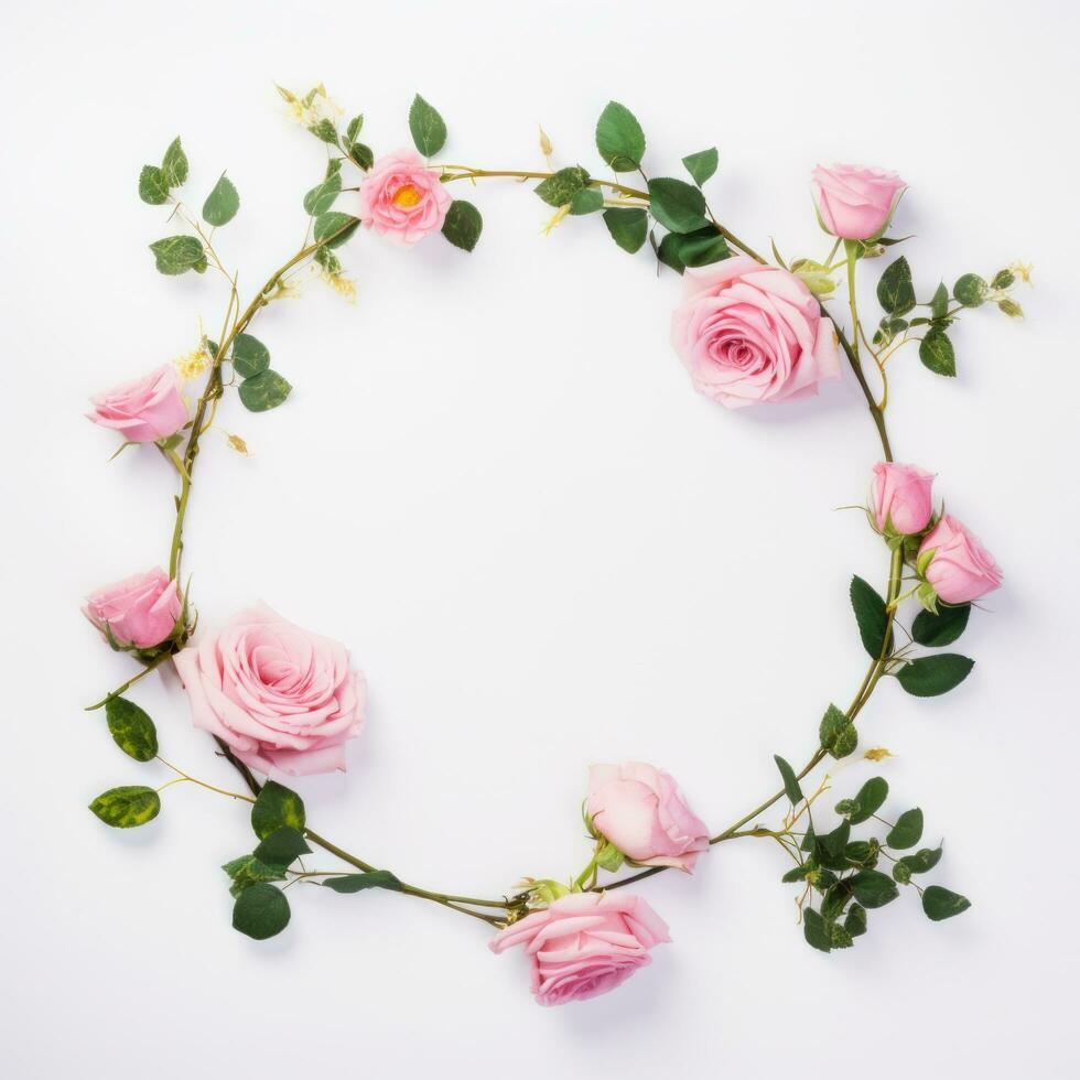 ai généré floral Cadre sur une blanc Contexte avec rose des roses et vert photo