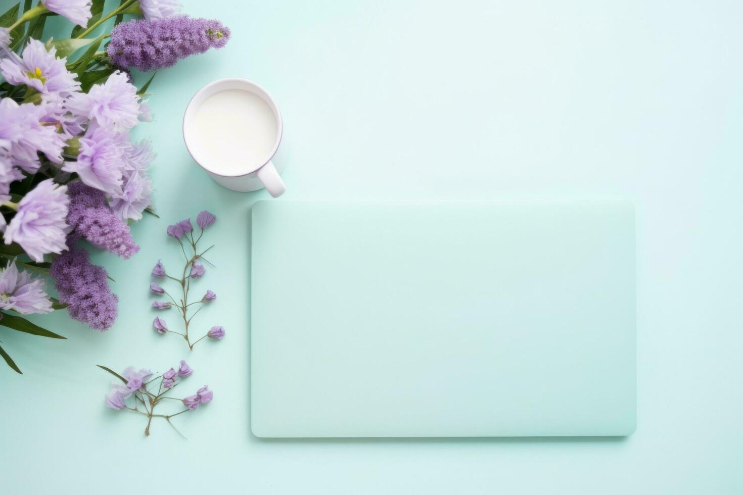 ai généré blanc bureau avec ordinateur portable, fleurs suivant à il, tablette photo