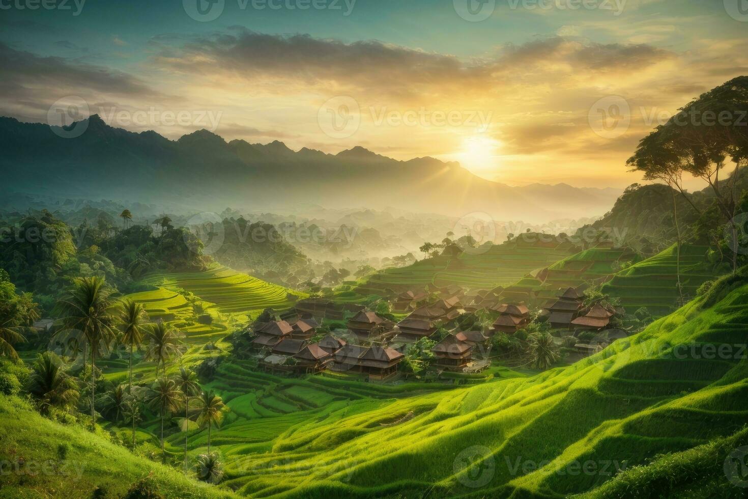 ai généré majestueux lever du soleil plus de en terrasse riz des champs niché parmi luxuriant vert collines généré par ai photo