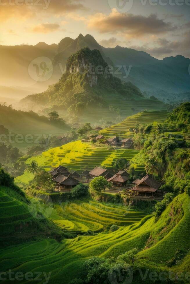 ai généré majestueux lever du soleil plus de en terrasse riz des champs niché parmi luxuriant vert collines généré par ai photo