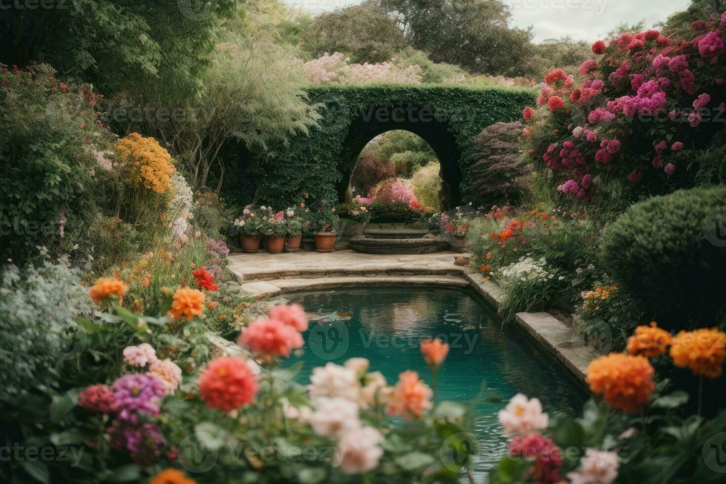 ai généré tranquille jardin scène avec une variété de coloré fleurs dans Floraison génératif par ai photo
