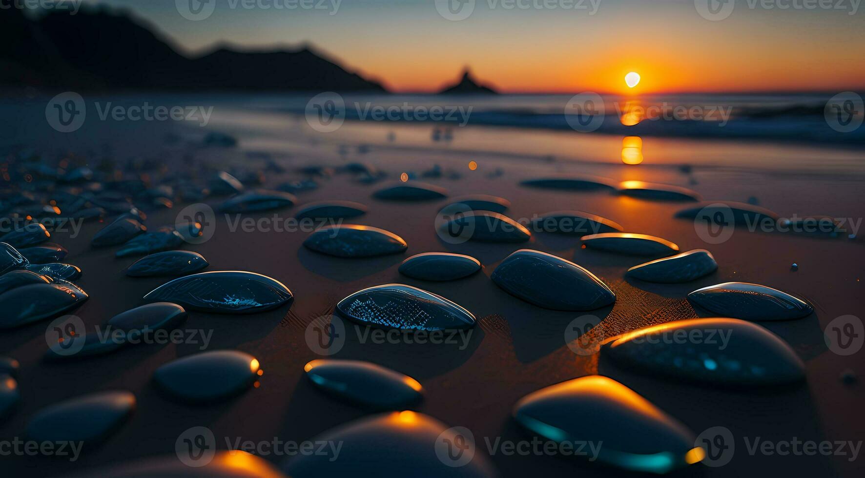 ai généré lisse des pierres dans une ligne sur une plage à le coucher du soleil avec reflets vibrant ciel couleurs génératif par ai photo