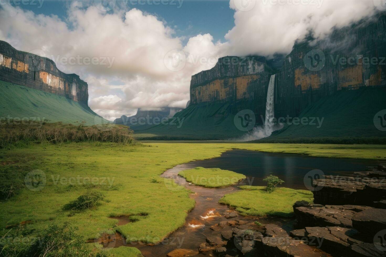 ai généré majestueux cascades en cascade entouré par luxuriant falaises et verdure génératif par ai photo