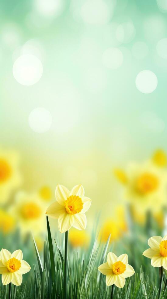 ai généré une brillant et de bonne humeur image de Jaune jonquilles avec une flou Contexte de vert herbe photo